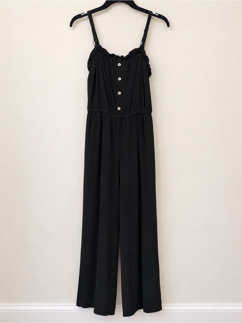 Black Ruched Wide-Leg Jumpsuit Button Front